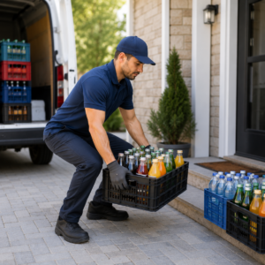 Beverage delivery worker lifting a crate of bottled drinks beside a delivery truck.