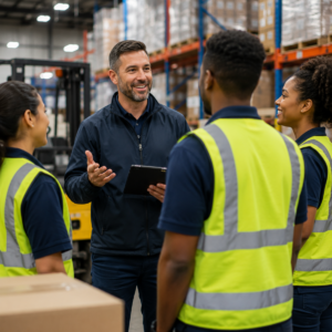 Warehouse employees wearing high-visibility safety vests participate in a workplace training discussion.
