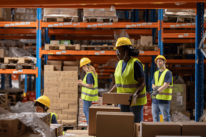 Warehouse employees handling boxes and materials in a busy distribution facility.