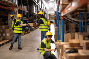 Warehouse employees working among storage shelves, handling materials in a distribution facility. Copy Alt Text