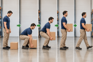 Worker demonstrating a lifting technique during workplace injury prevention training.