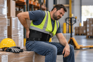 Warehouse worker experiencing lower back pain while handling materials, illustrating the importance of workplace injury prevention.
